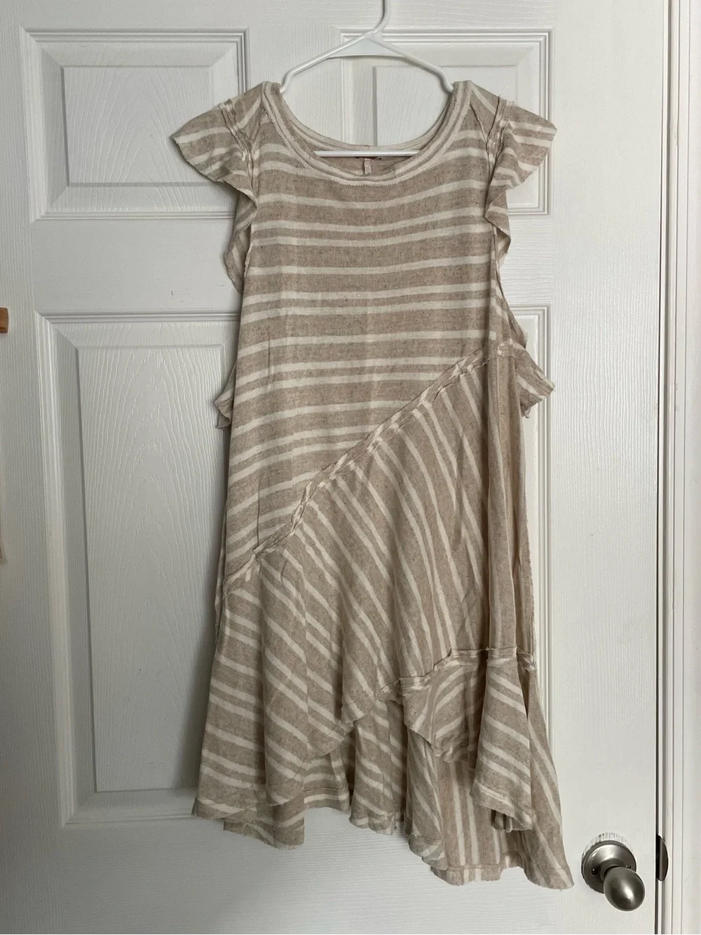 Free People size Small Linen Blend Striped Beige & White Ruffle Hem Mini Dress